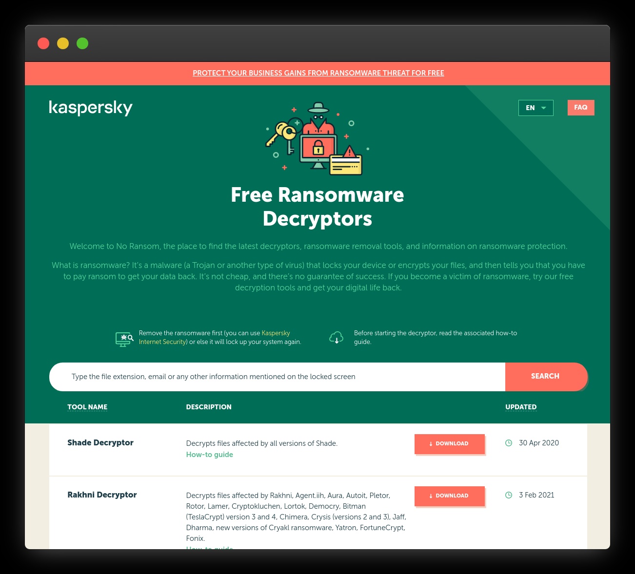 أداة مجانية لفك تشفير فيروسات الفدية من Kaspersky