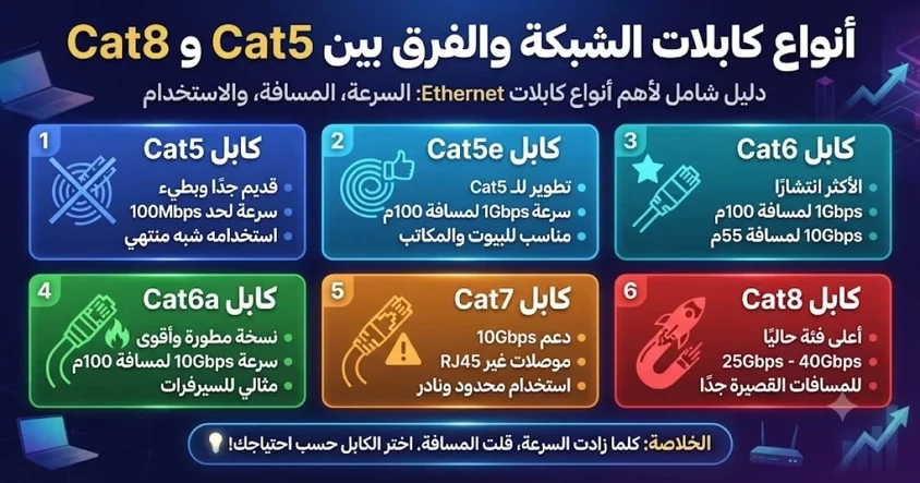 أنواع كابلات الشبكة والفرق بين Cat5 و Cat8
