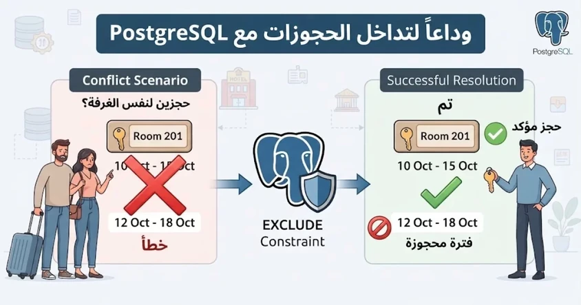 PostgreSQL: منع تداخل حجوزات الفنادق