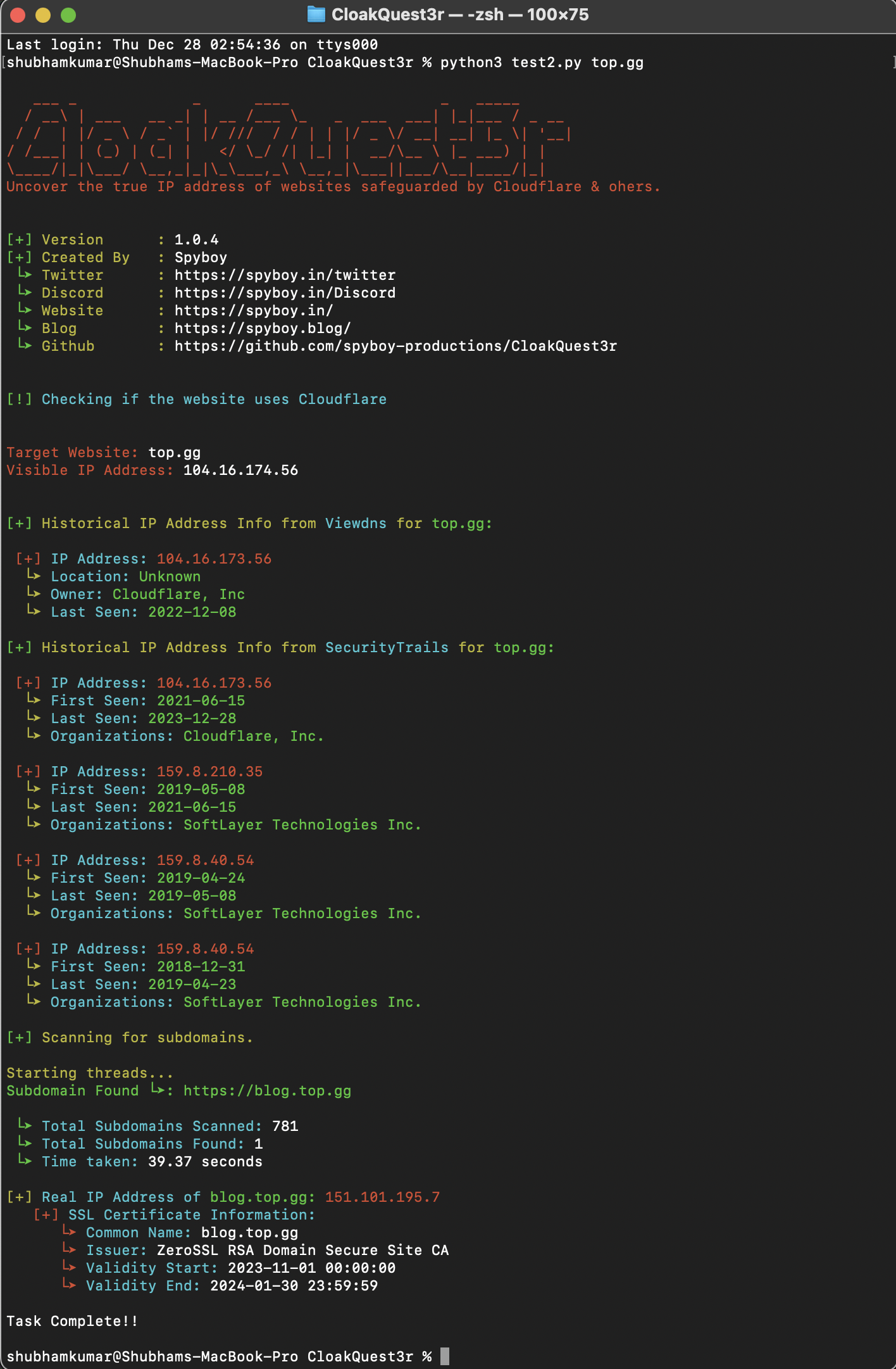 CloakQuest3r - Uncover the true IP address of websites safeguarded by Cloudflare & Others