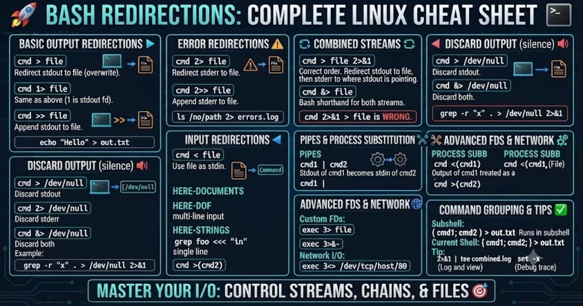 Bash Redirections: Complete Linux Cheat Sheet